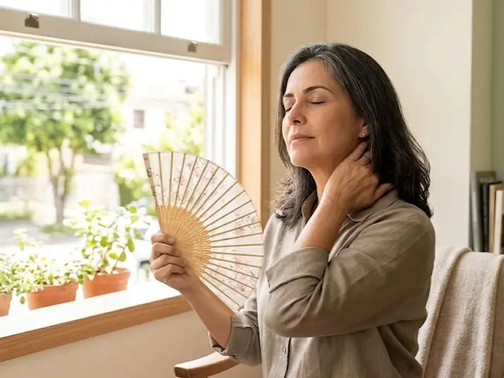 Mulher se abanando com leque em frente a uma janela