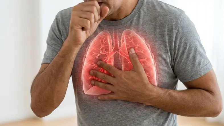 Homem tossindo com pulm&atilde;o evidenciado por imagem ilustrativa