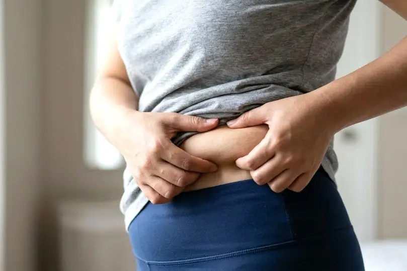 Mulher apertando a barriga para mostrar ganho de peso