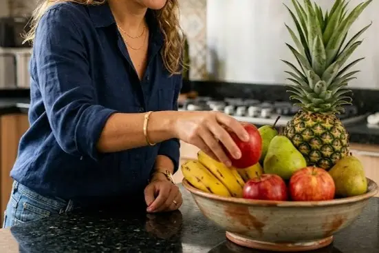 Mulher pegando uma ma&ccedil;&atilde; em uma fruteira