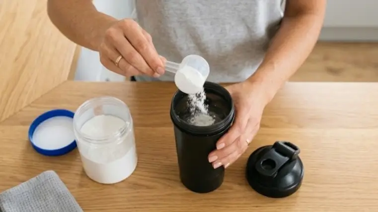 Mulher fazendo colocando creatina em uma garrafa shaker