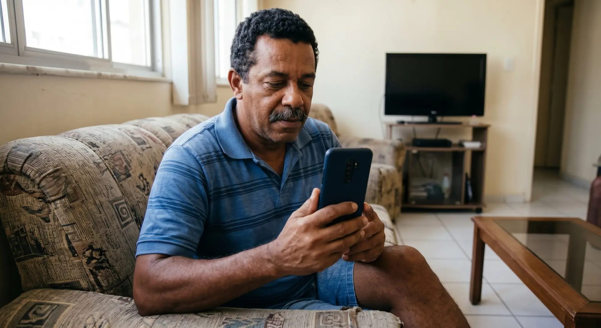 Homem brasileiro mexendo no celular