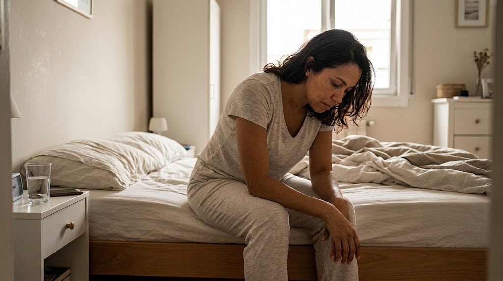 Mulher sentada na cama ainda muito cansada