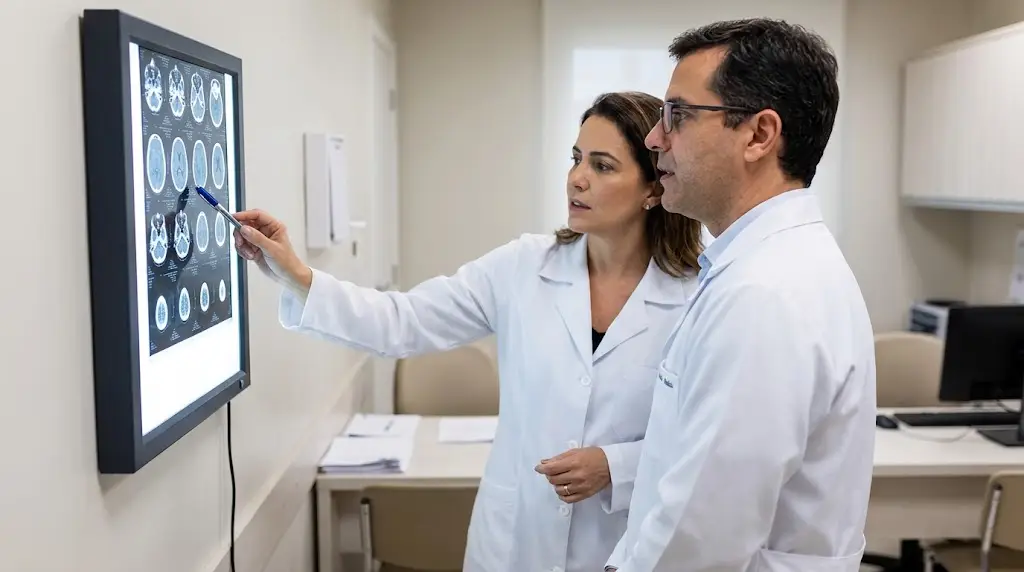 M&eacute;dicos analisando uma tomografia