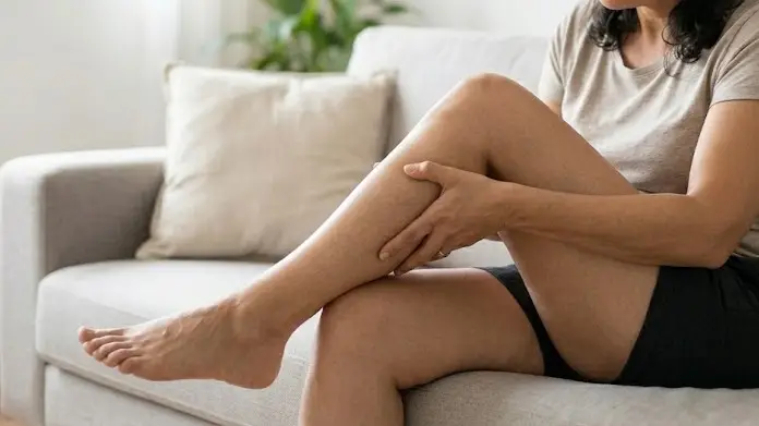 Mulher com a m&atilde;o na perna